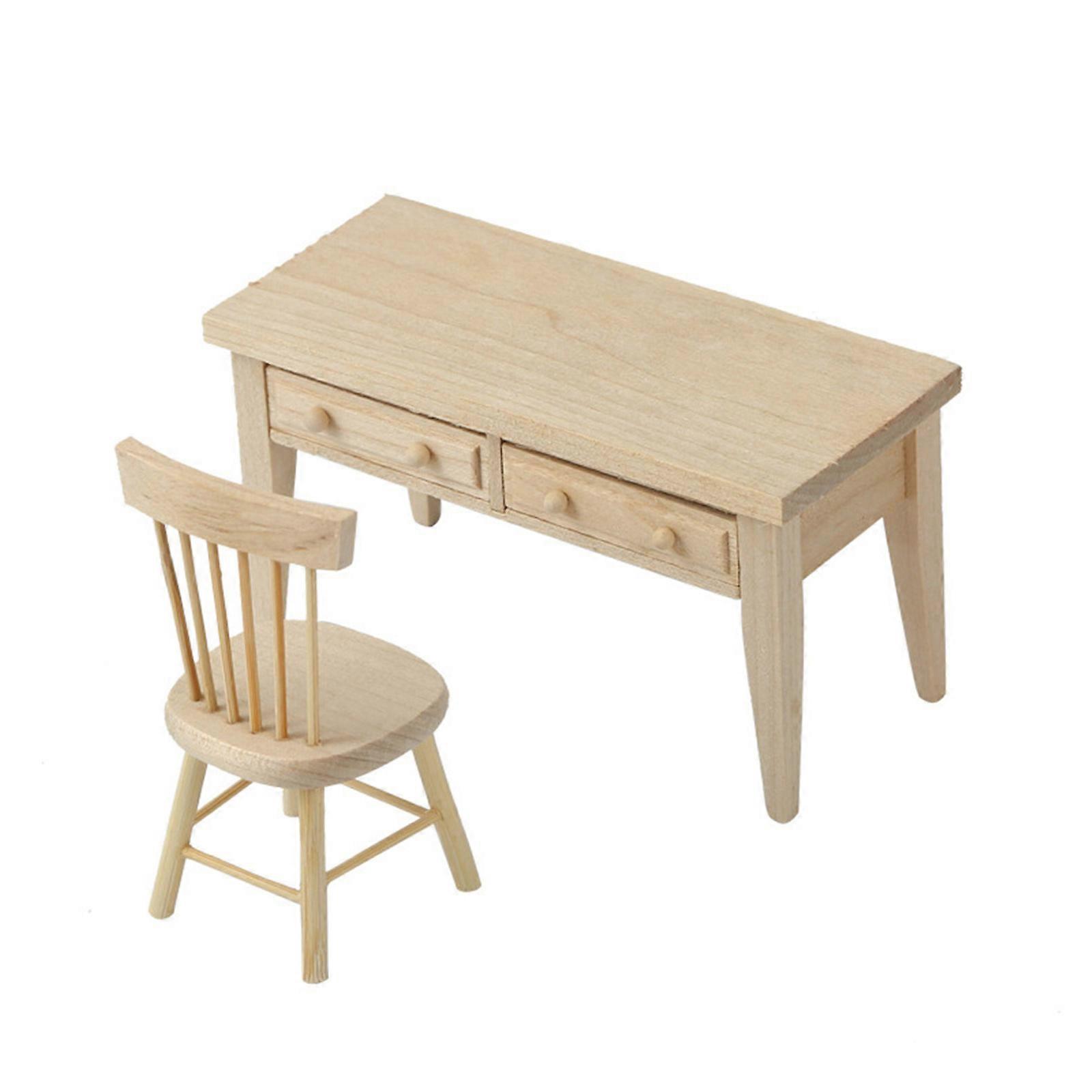 Miniature Reading Room Furniture Set with Table and Chair Unpainted Design for 1/12 Scale Dollhouses Display Decoration
