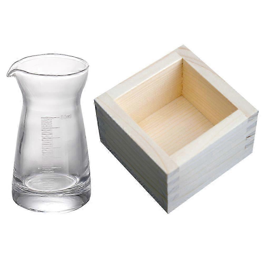 日本酒カップセット - 透明ガラスのサキカップと木箱 (5.5x5.5x10cm)