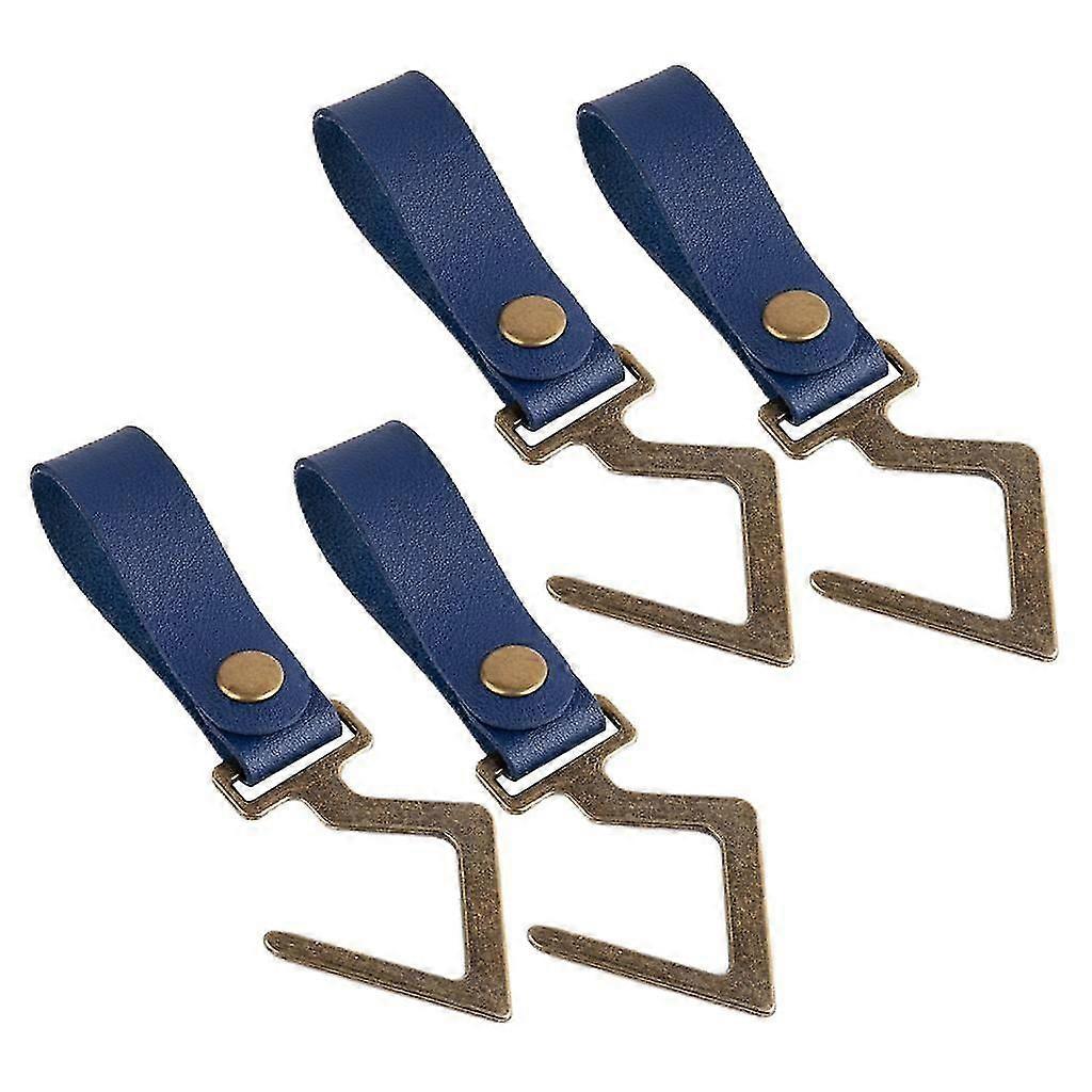 4pieces Leather Strap Cookware Hanging Rack Hook Camping Towels Cups Hooks Blue