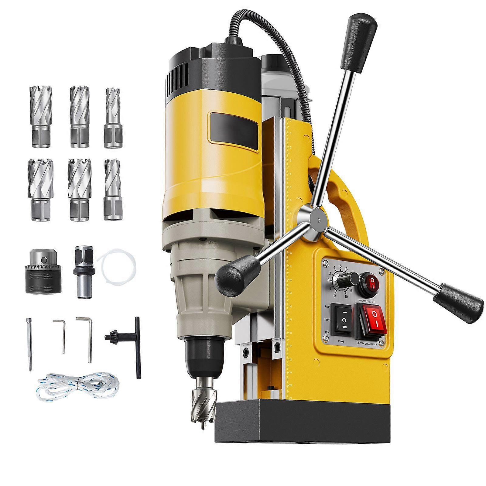 Magnetic Drill, 1400W Motor 2 in Boring Diameter, 2878 lbf Electric Mag Drill Press, with 6 Coring Bits, Variable Speed, Yellow