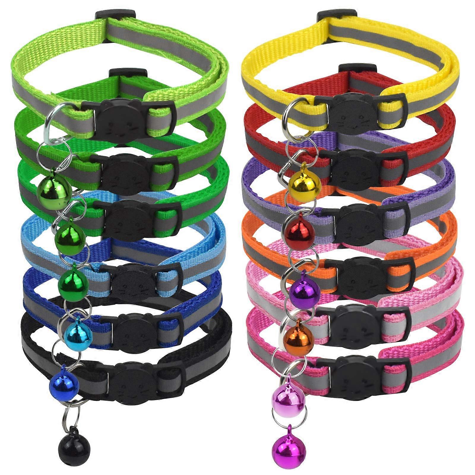 Pack of 12 Cat Collars, Cat Collar with Buckle, Cat Collar with Bell, Puppy Collar, Adjustable Length from 19 to 32 cm