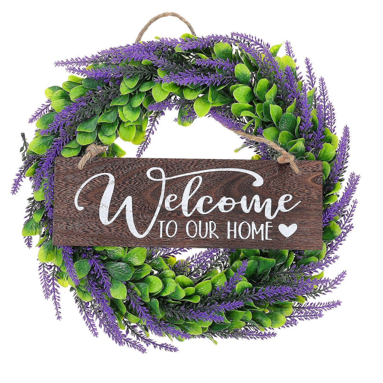 Elegant Artificial Lavender Wreath with Welcome Sign – Hanging Decor for Front Door, Wedding, Party & Outdoor Home Decoration