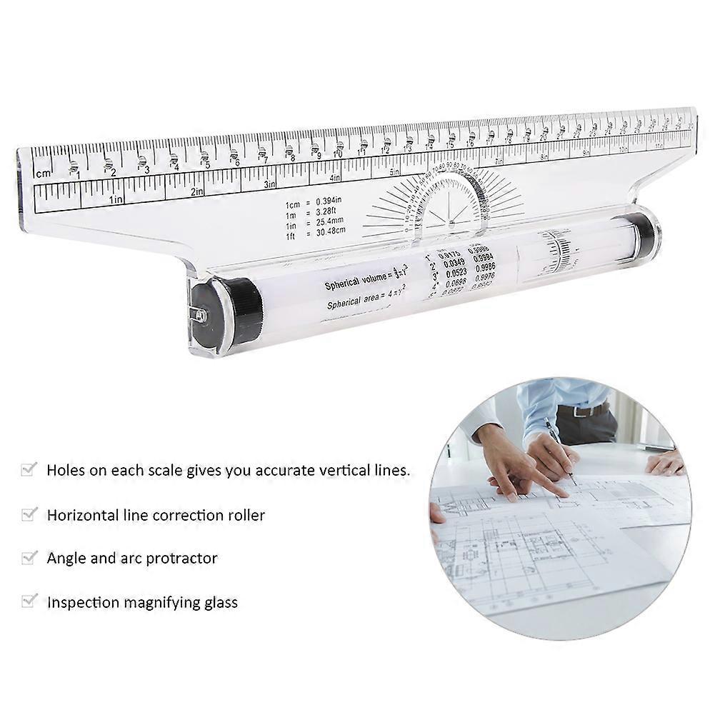 30cm 11.8in Parallel Rolling Ruler Multi Purpose Clear Drawing Glider Professional Compass Protractor