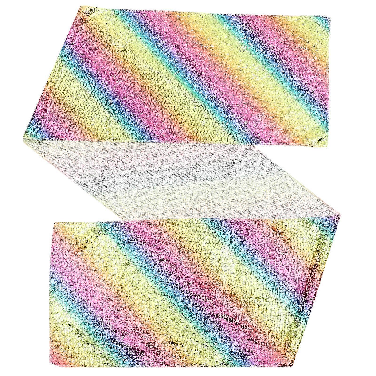 Rainbow Table Runner for Adornment Sequin Appearance Reusable Polyester Multi Color Fits Long Tables