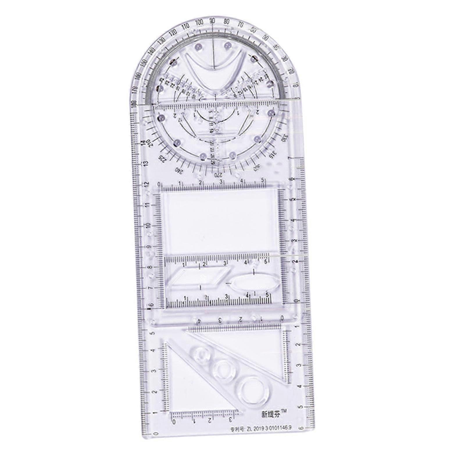Multifunctional drawing ruler, multipurpose round curves horizontal line, for school and office, transparent, elementary school