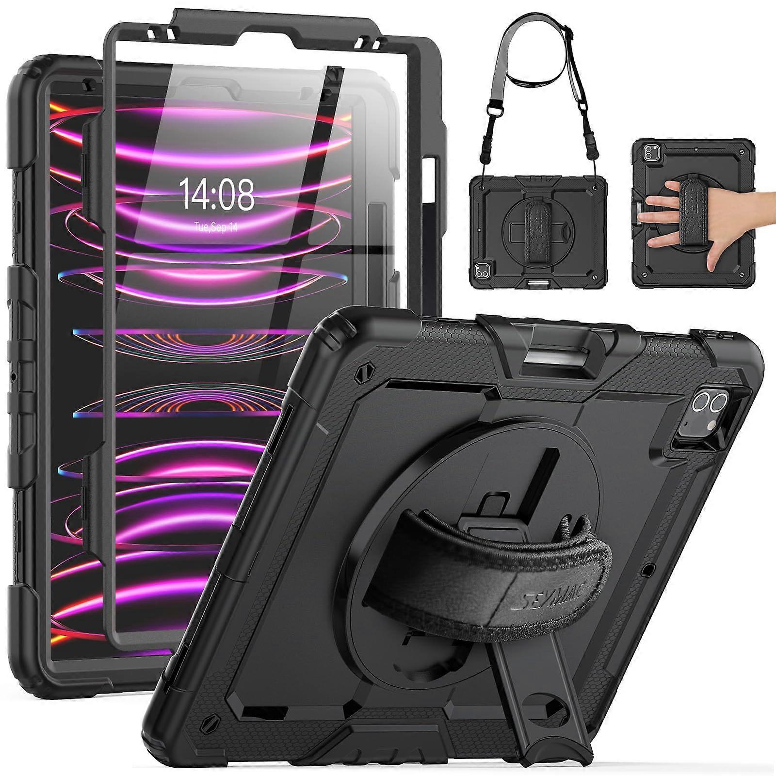 iPad Pro 12.9 Inch Case 2022/2021/2020/2018 Shockproof with 360° Strap, Stand, Shoulder Strap, Screen Protector, Black