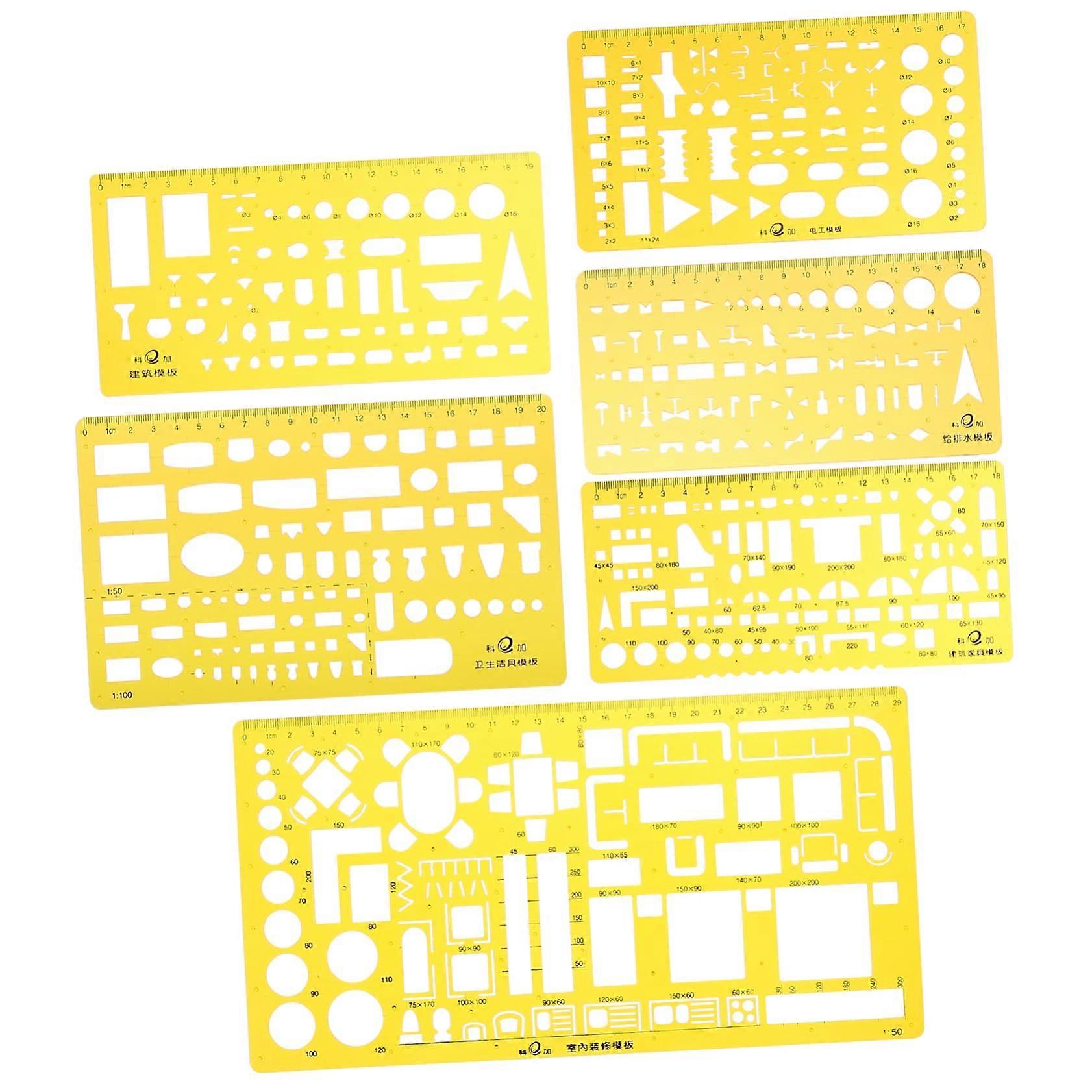 6-Piece Durable Drawing Templates Ruler Set with Versatile Architect Scales and Geometric Shapes for All Ages