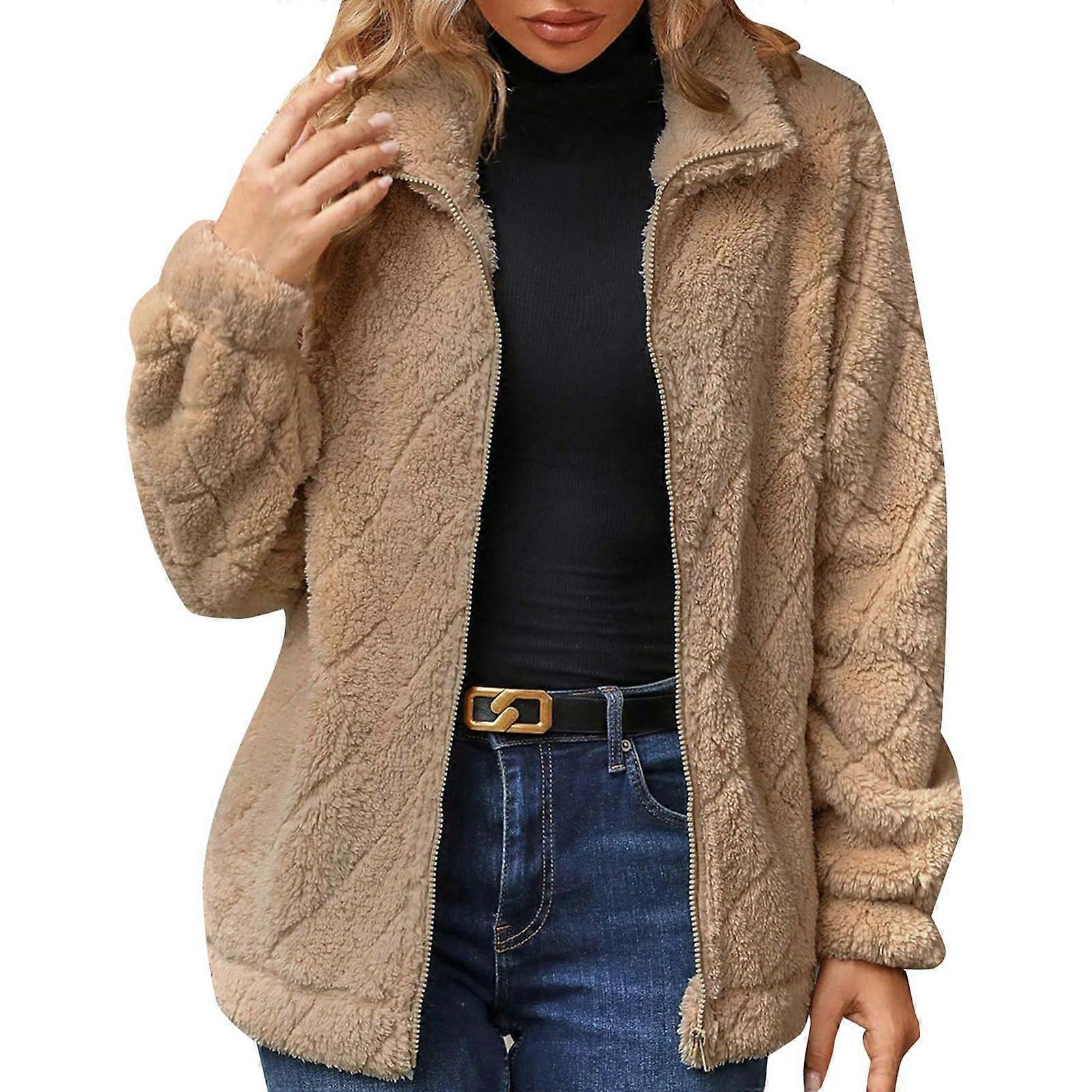 Women's Fleece Jacket L, Lightweight Hooded Winter Coat, Plush Transitional Trench Jacket in Khaki with Horn Buttons