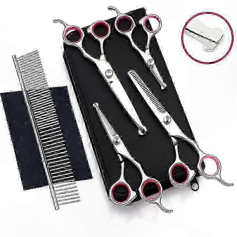 Pet Grooming Scissors Kit with Rounded Tips, Thinning and Straight Shears for Safe Dog Grooming, Pink Handle Set