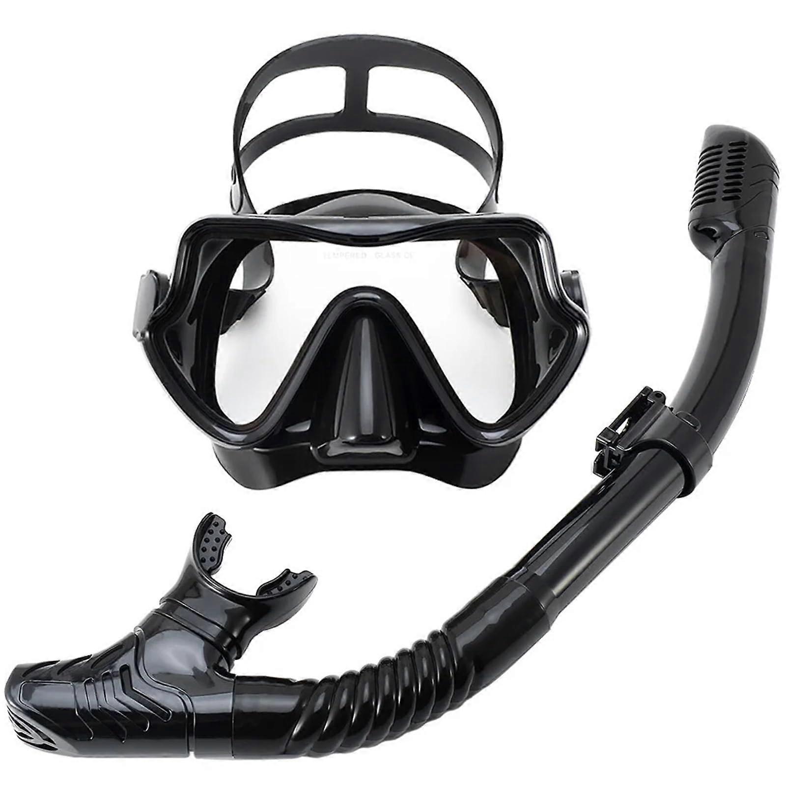 Snorkeling Masks For Adults Silicone Skirt AntiFog AllBlack Set Diving Goggles, Scuba, Swimming Pool Equipment