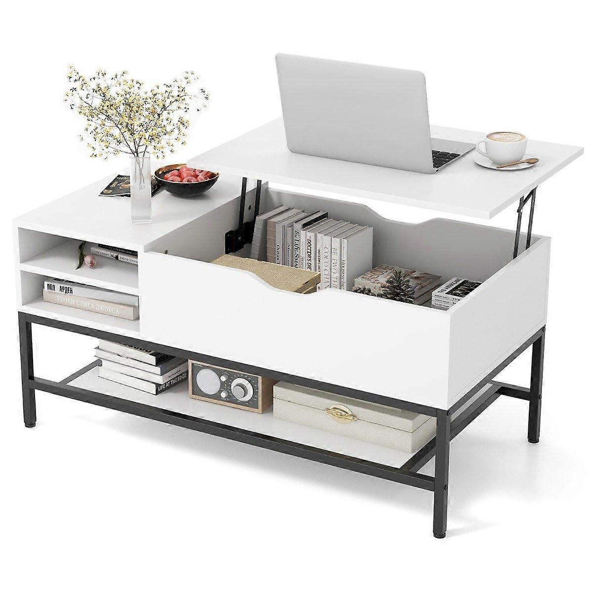 Table basse à plateau relevable avec rangement caché, blanc