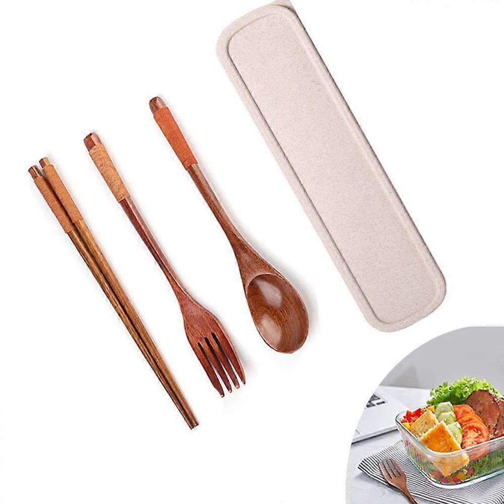 HAOAN Wooden Flatware Set Chopsticks Spoon Fork Tableware Cutlery Set with Storage for Kitchen, Home, Picnic, 3Pcs