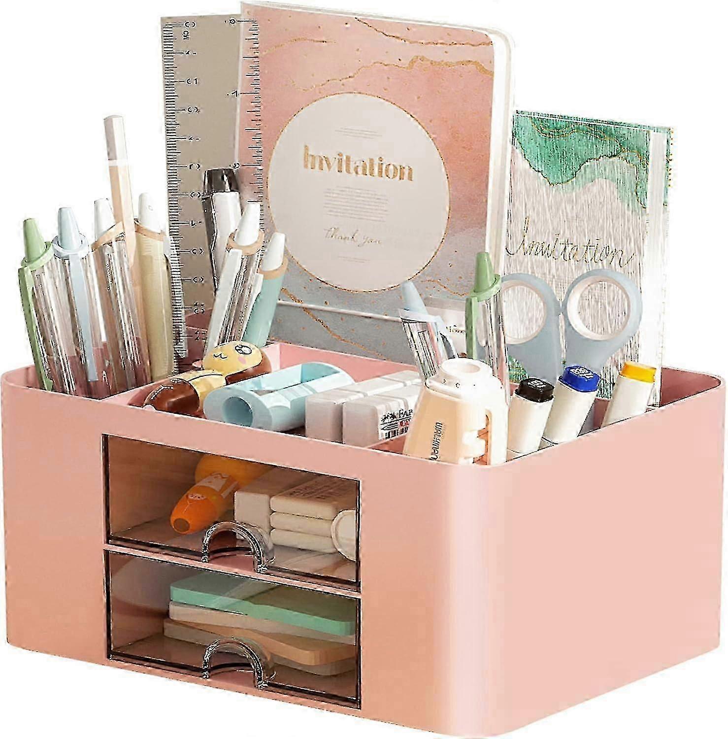 Pen Organizer: Multi-Function Pencil Holder with 5 Compartments & Drawer for Desk Accessories in Pink
