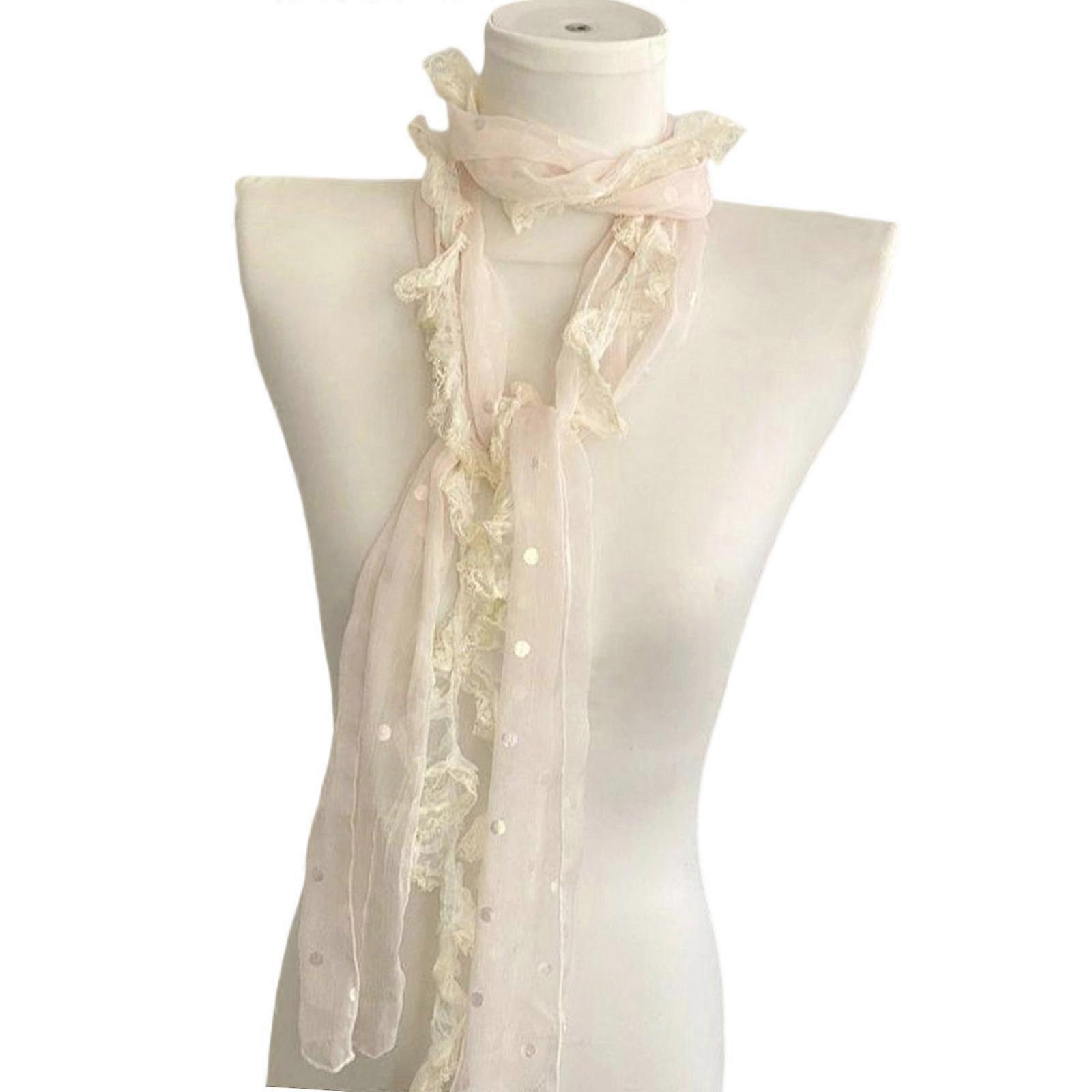 Elegant Chiffon Scarf With Dot And Lace Edging Soft Airy Fabric Multipurpose Neck Wrap Travel Essential For Daily Use  Naked pink