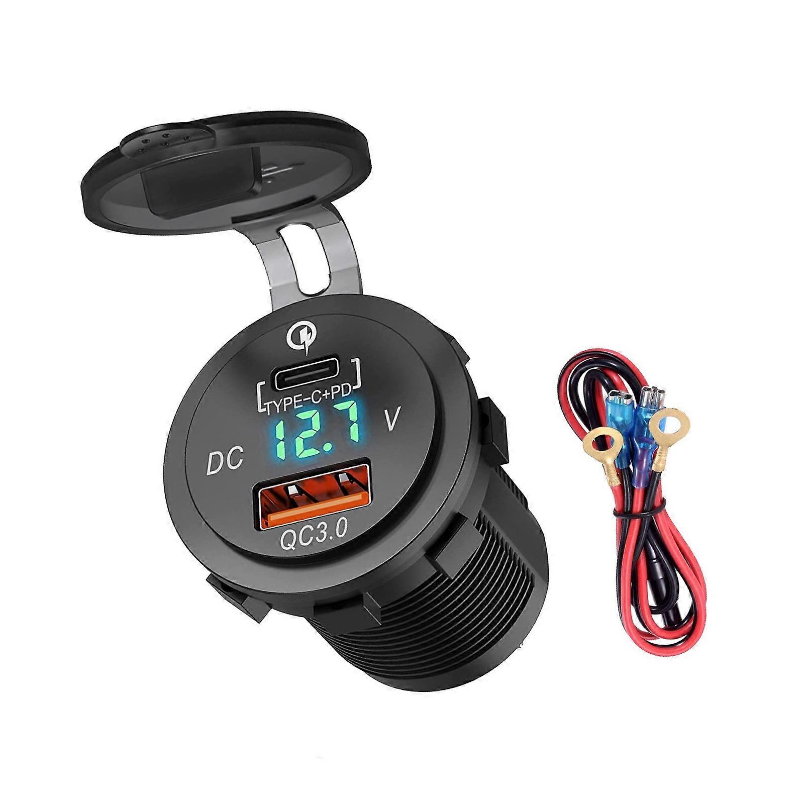 Motorcycle Auto PD Charging Adapters Fast Car Charger With Real Time Voltages Detection Double Device Charging Station  Green screen with 0.