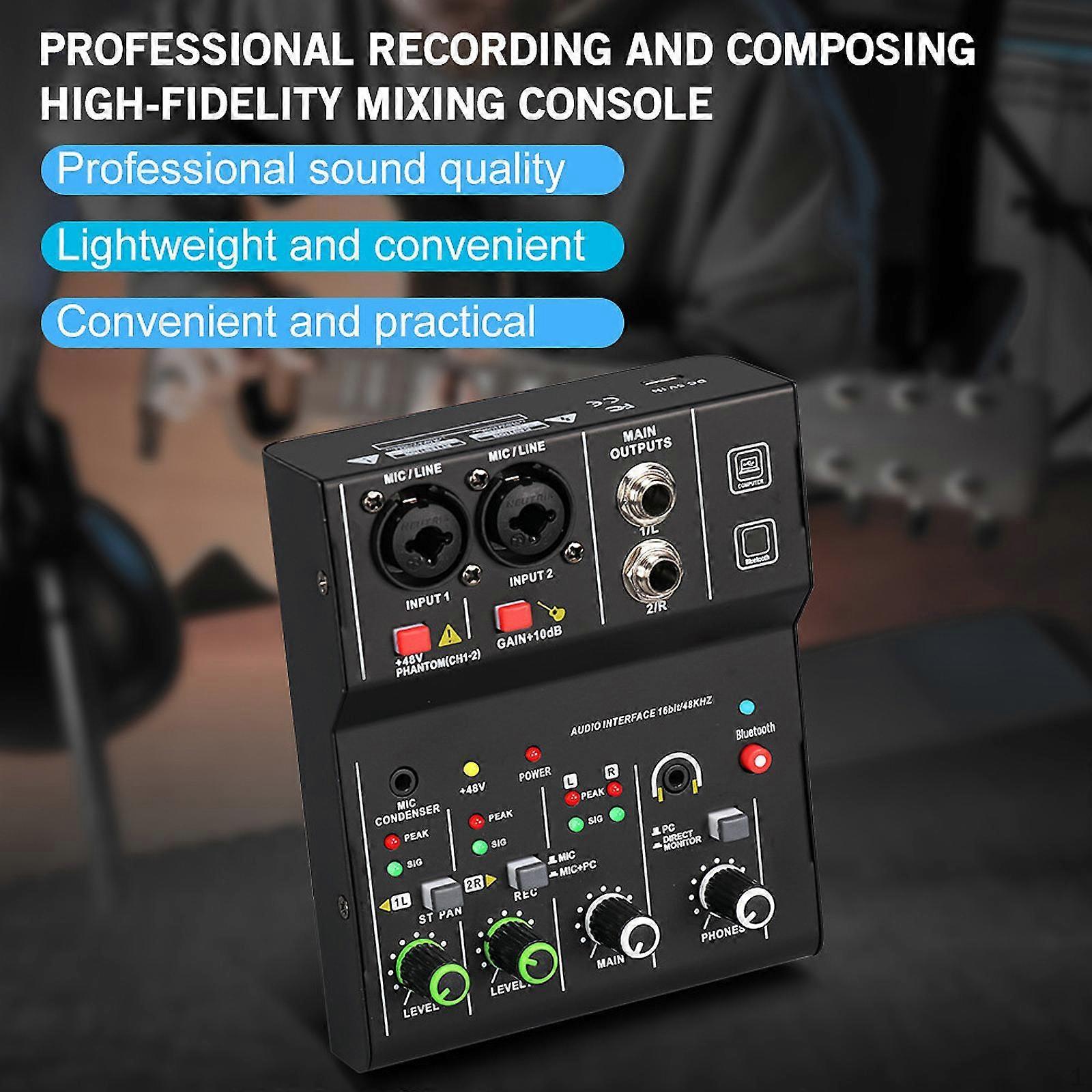2 Channel Audio Mixer Interface 48V Power Lightweight Mixing Professional for Karaoke Home