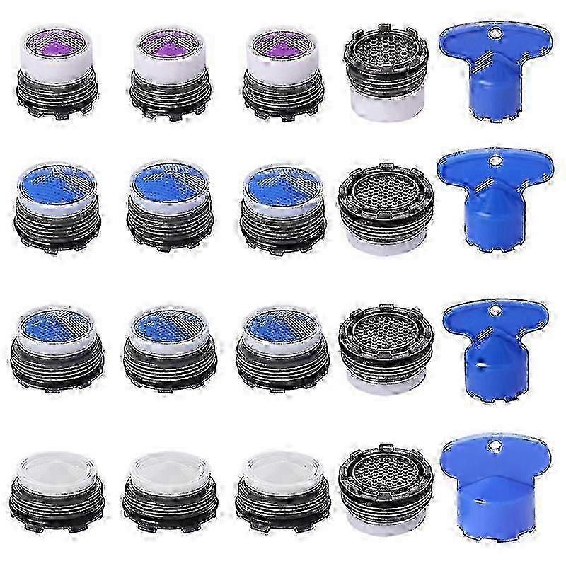 Improved Faucet Aerators - 20 Pcs with M16.5, M18.5, M21.5 & M24 Sizes, Water-Saving Flow Restrictors & Adapters