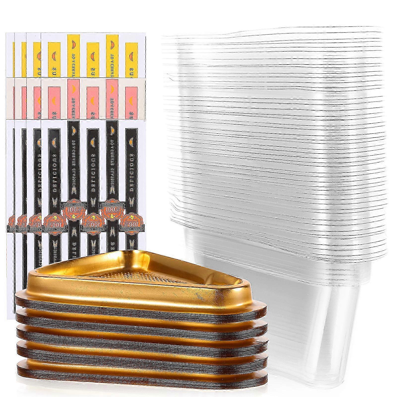 50Pcs Triangular Cake Boxes Transparent Cake Pie Containers with Stickers for Bakery Dessert