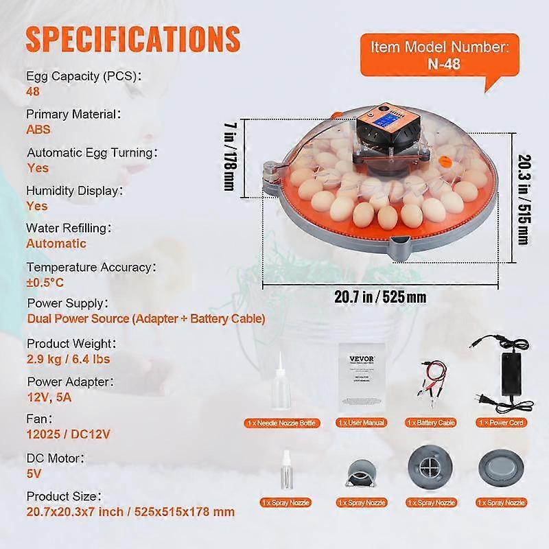 VEVOR 48 Egg Incubator, Incubators for Hatching Eggs, 360�� Automatic Egg Turner with Temperature and Humidity Display, 48 Eggs Poultry Hatch