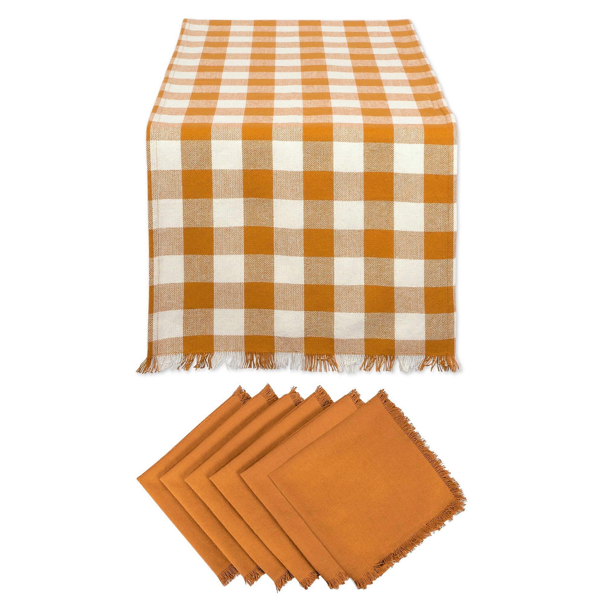 DII Pumpkin Spice Heavyweight Check Fringed Table Set