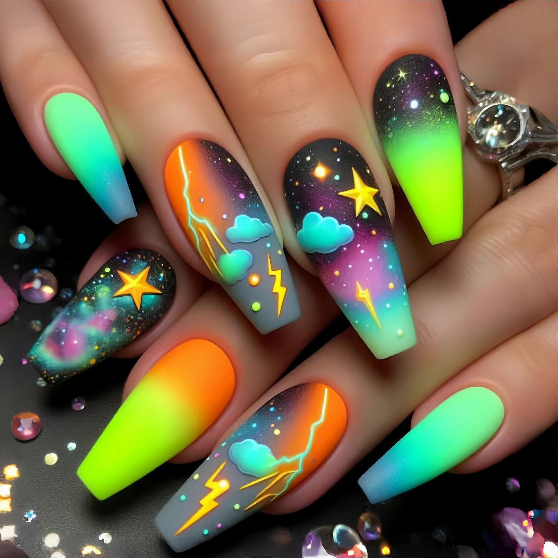 2026 New style 24pcs Starry Sky Lightning Pattern Press on Nails Gradient Green False Nails Wearable