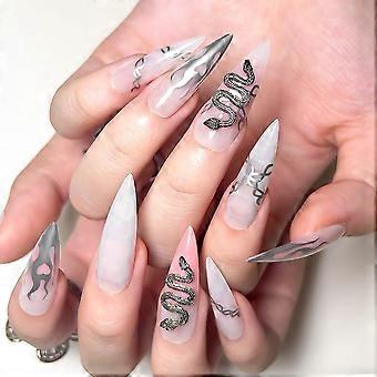 Glossy Pink Press on Nails with Snake Rhinestone, Stiletto Long Almond Fake Nails Set 24pcs