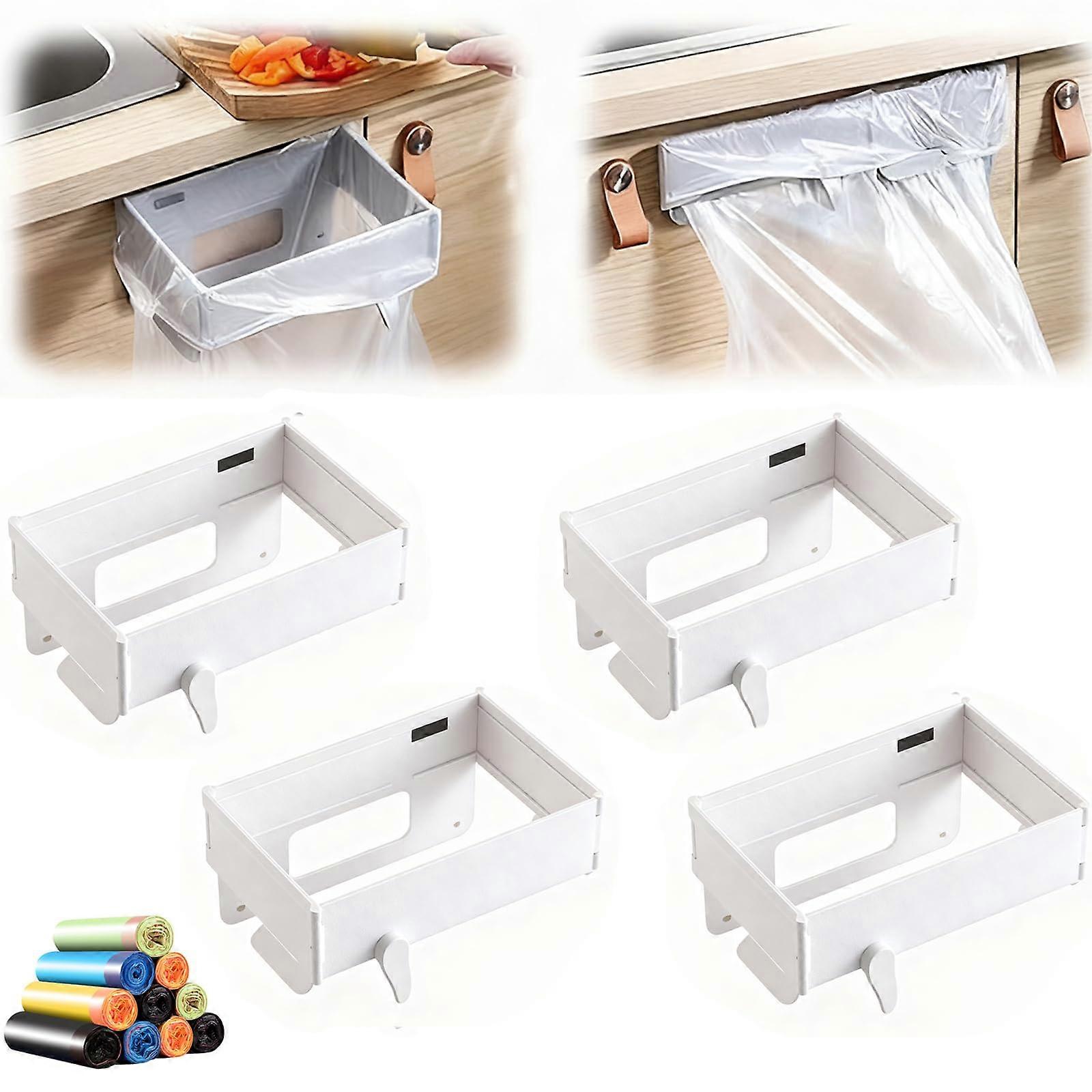 Wall Mounted Trash Bag Holder Foldable Space Saving with Magnetic Lid for Kitchen Cabinet White 4Pack