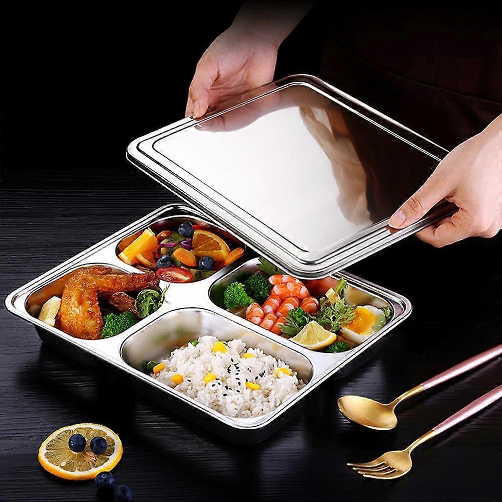 Stainless Steel Divided Dinner Tray Set with Lid, 10Pack, FourSection Food Grade Rectangular Plates