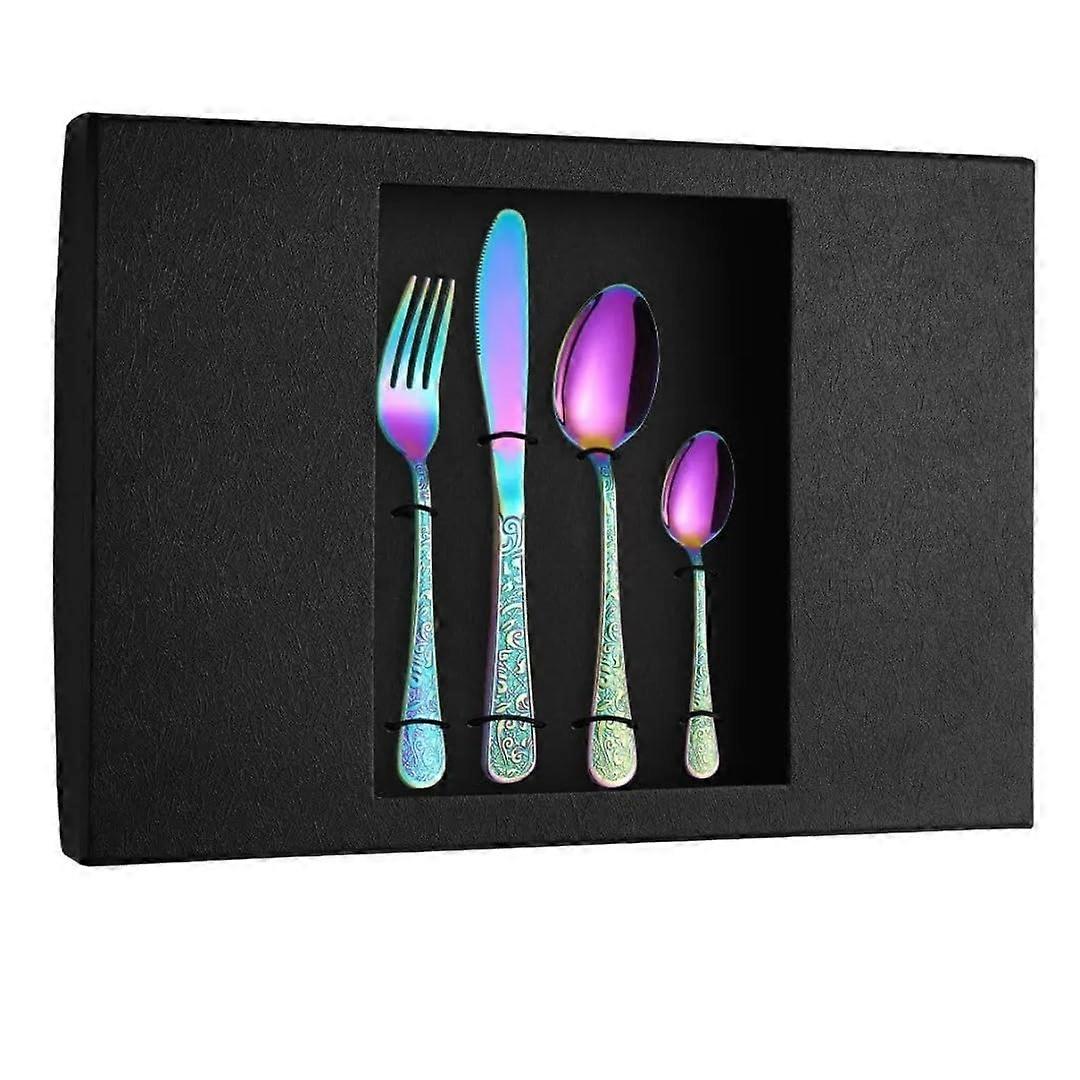 24 Piece Stainless Steel Silverware Set for 4, Black Hammer Pattern, Durable and GiftReady