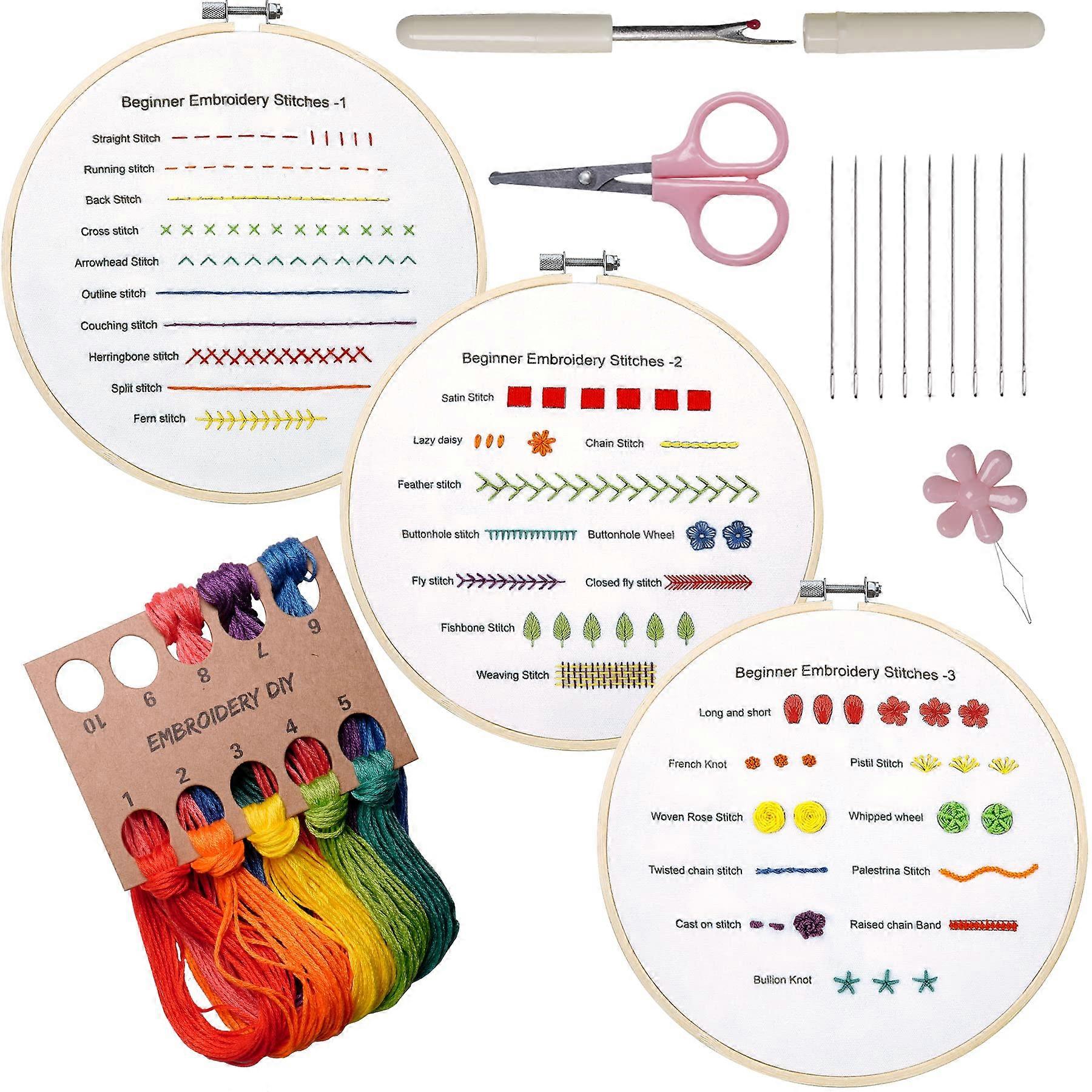 Embroidery Starter Kit 3 Sets with Hoop Threads Printed Fabric and Guide for 30 Stitch Techniques