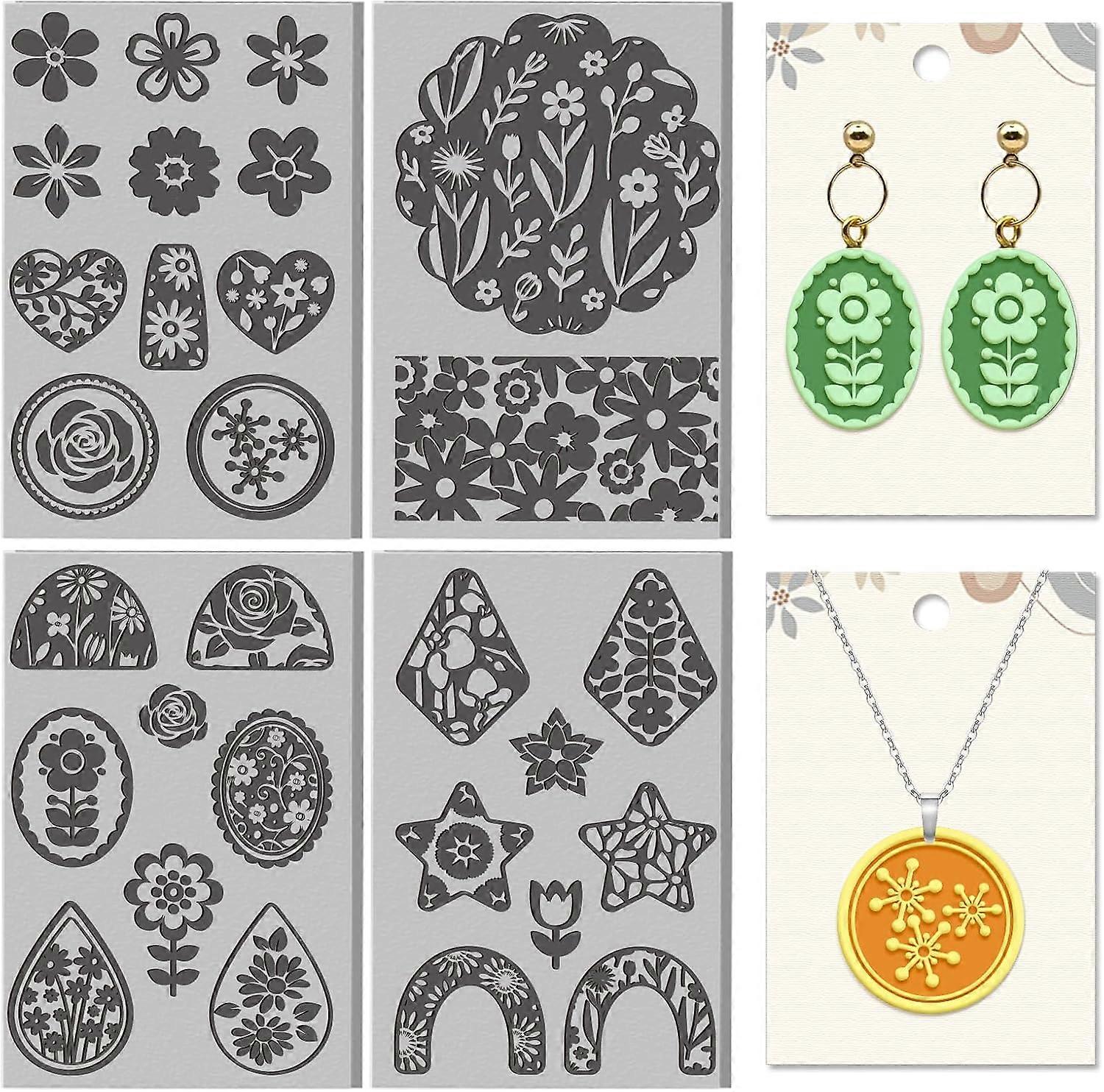 4 Sheets Simple Flowers Elements Clay Texture Mat Artistic Pattern Plant Polymer Clay Texture Sheets DIY Tools for Pottery