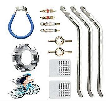 13-Piece Bicycle Spoke Tool Set, Stainless Steel, Including Tire Levers and Valve Stem Keys.