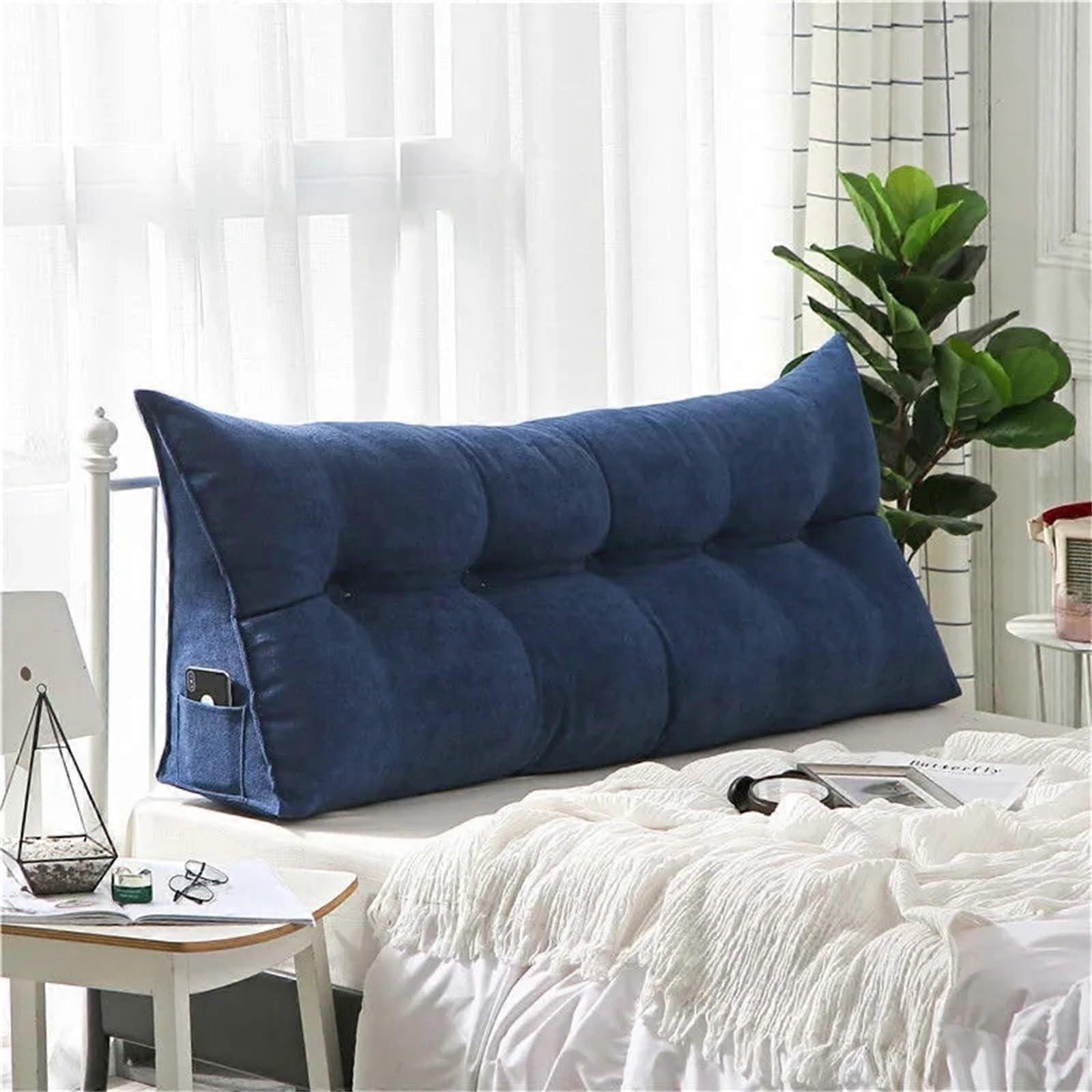 Triangular Headboard Pillow Full Size Removable Backrest Upholstered Reading Support Dark Blue