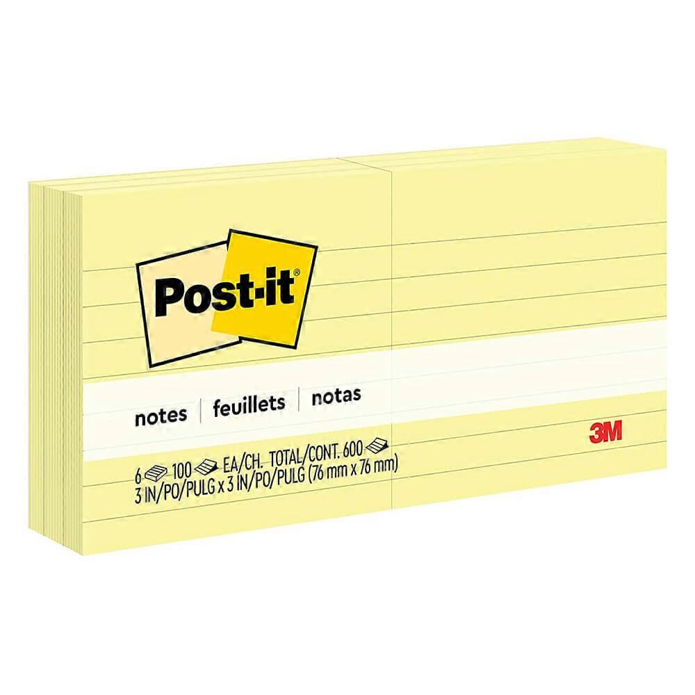 YELLOW Post It Notes Lined Long Lasting Self Adhesive Backing 76x76mm 6pk