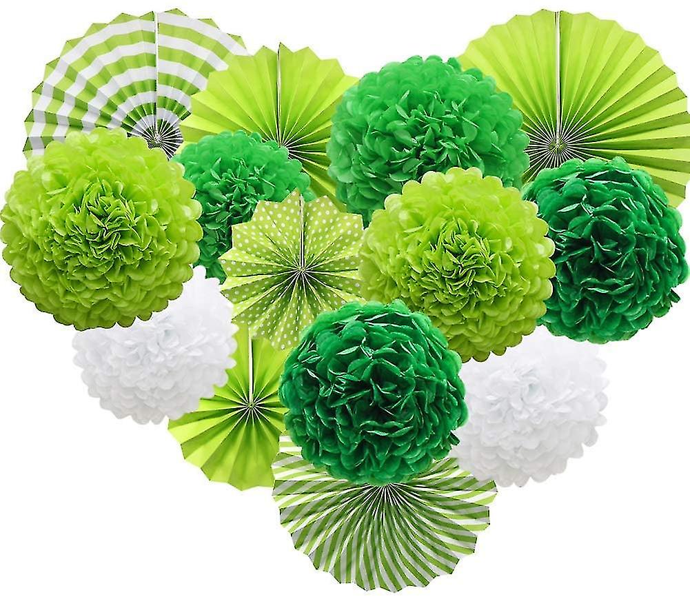 Green Hanging Paper Party Decorations, Round Paper Fans Set Paper Pom Poms