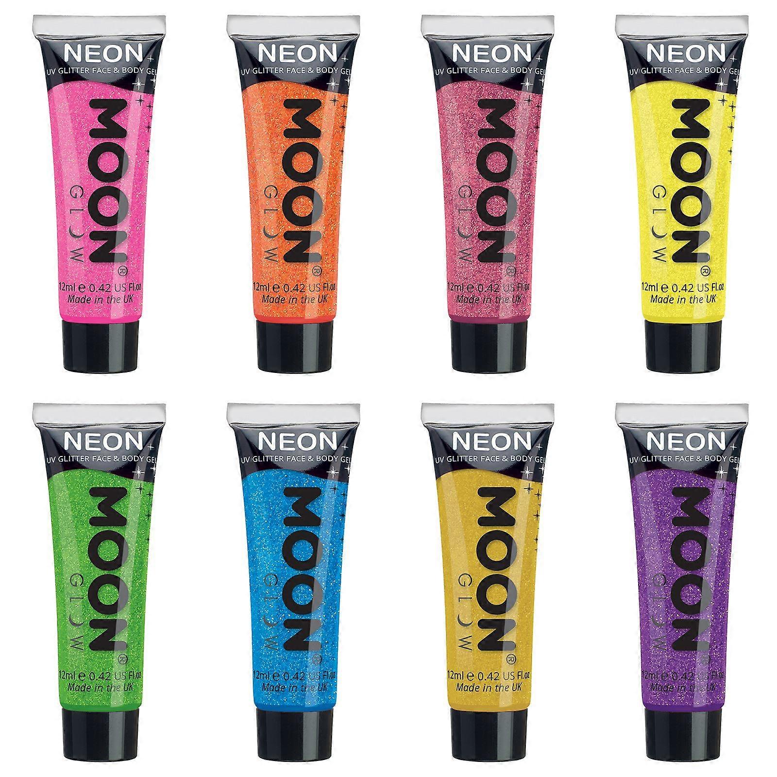 Moon Glow - Blacklight UV Glitter Face & Body Gel - 12ml 8er Set - Neon - Leuchtet hell unter Schwarzlicht