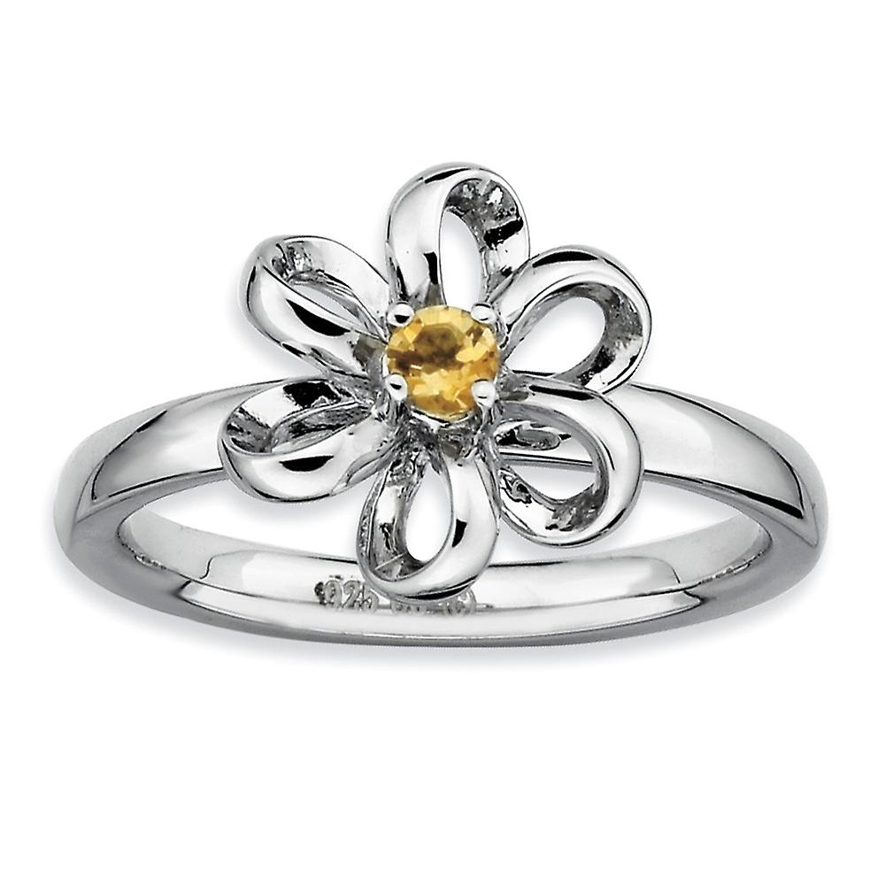 925 Sterling Silver Prong set Stackable Polished Citrine Flower Ring Stackable Ring for Women - Ring Size: 5 to 10