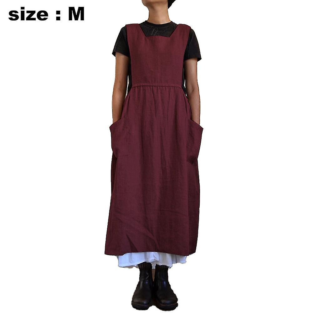 Women Dress Casual Loose Solid Pinafore Long Straps Apron Cotton Linen  Overall Dresses With Pockets-i | Fruugo UK