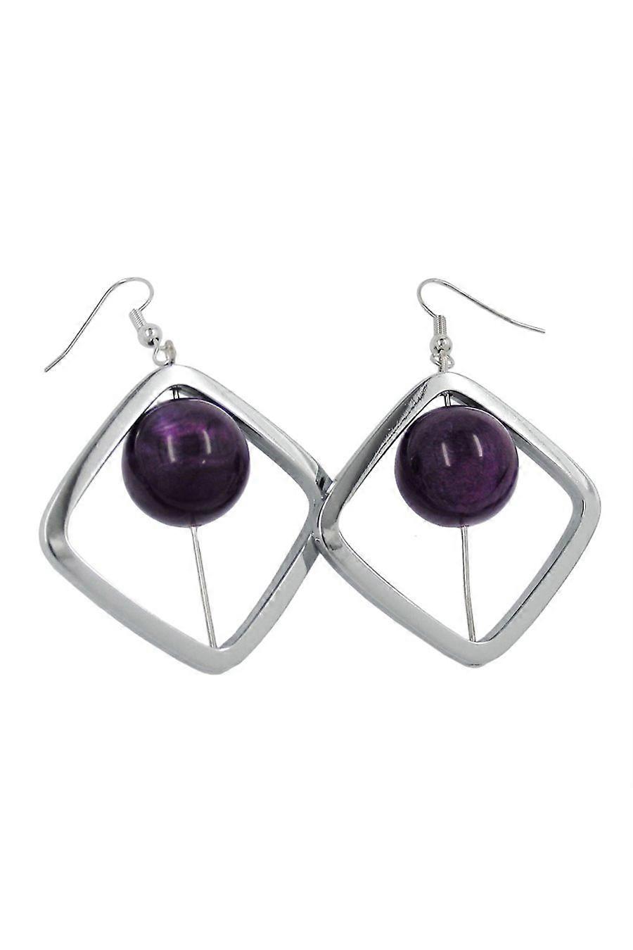 Hook Earrings Square Silver Coloured With Bead Purple - Gl02394