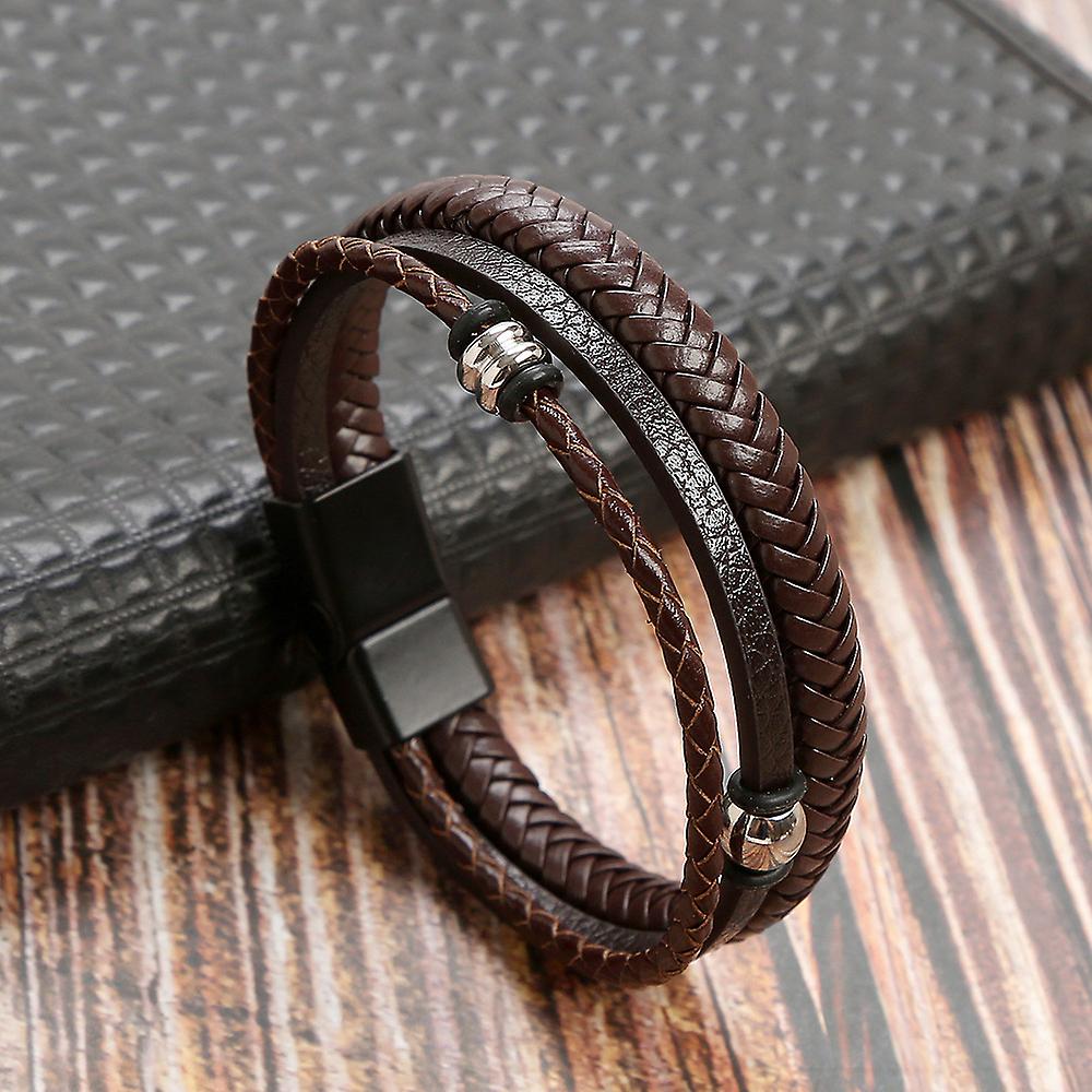 Mode Retro Herrenschmuck Handgemachtes einlagiges gewebtes Edelstahl-Rindsleder Herrenarmband Lederperlenarmband