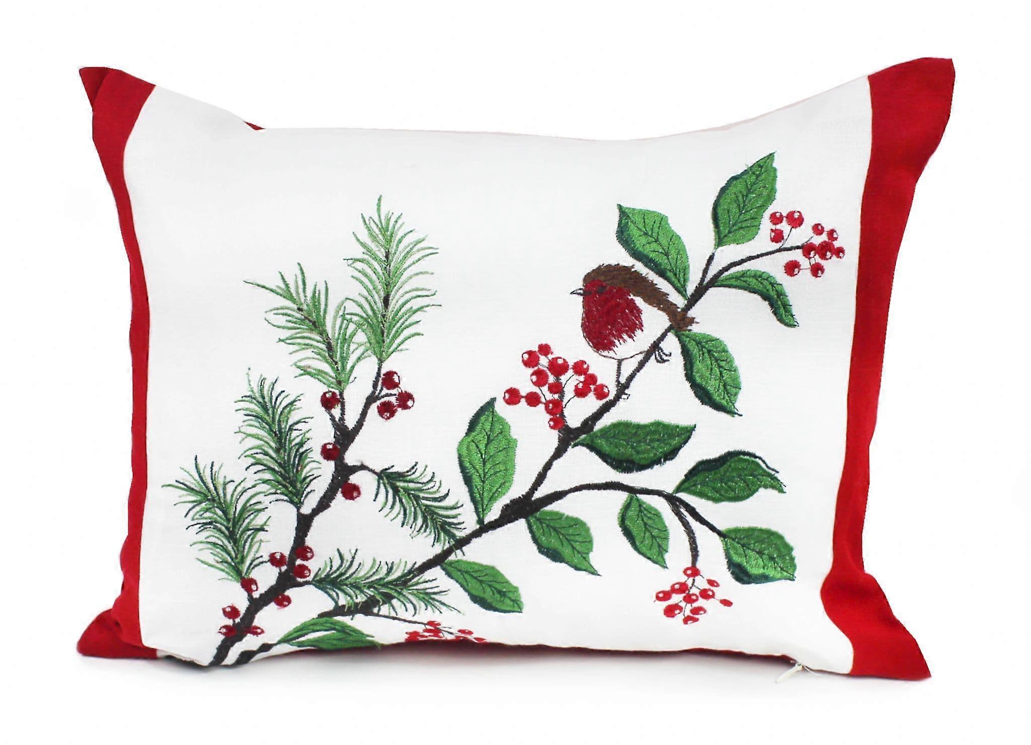 Robin Hedgerow Christmas Embroidered Cushion - 33cm x 45cm