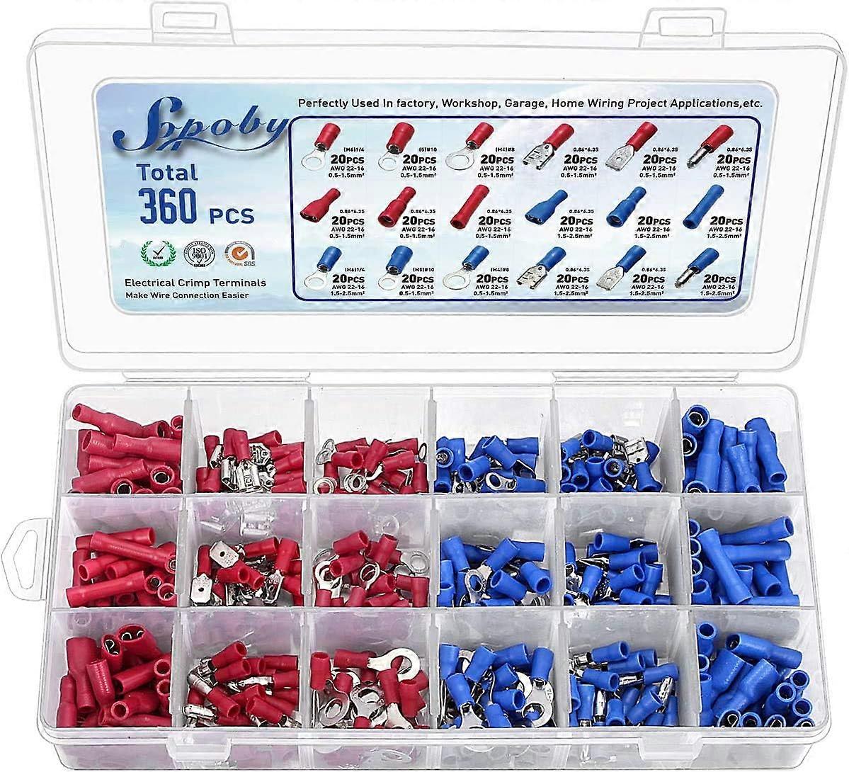 360pcs Connecteurs lectriques,  Mixed Assorted Lug Kit Isol Spade Wire Connector Crimp Terminal Spade Ring Se