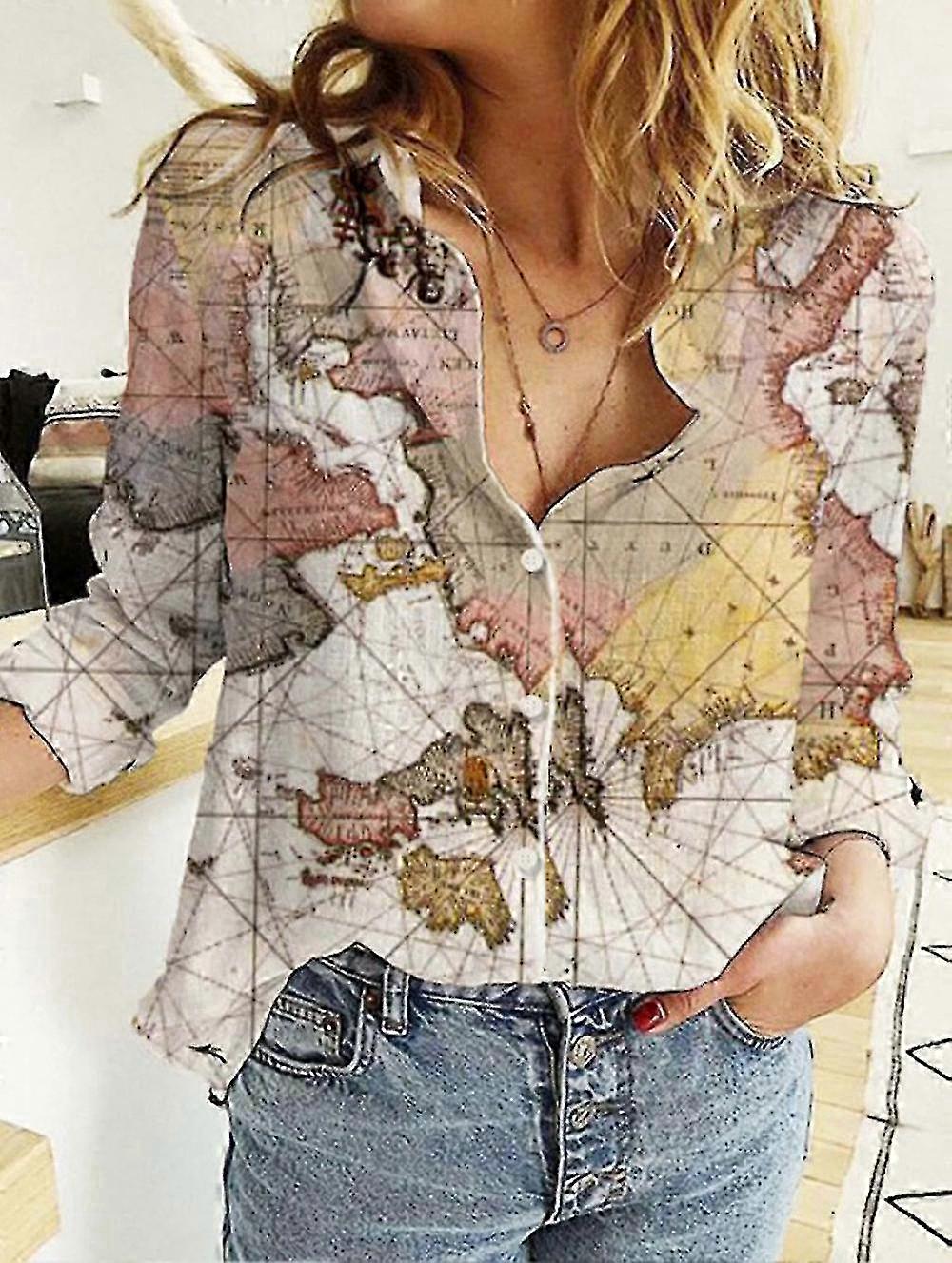 Women's World Map Cotton Linen Solid Color Shirt