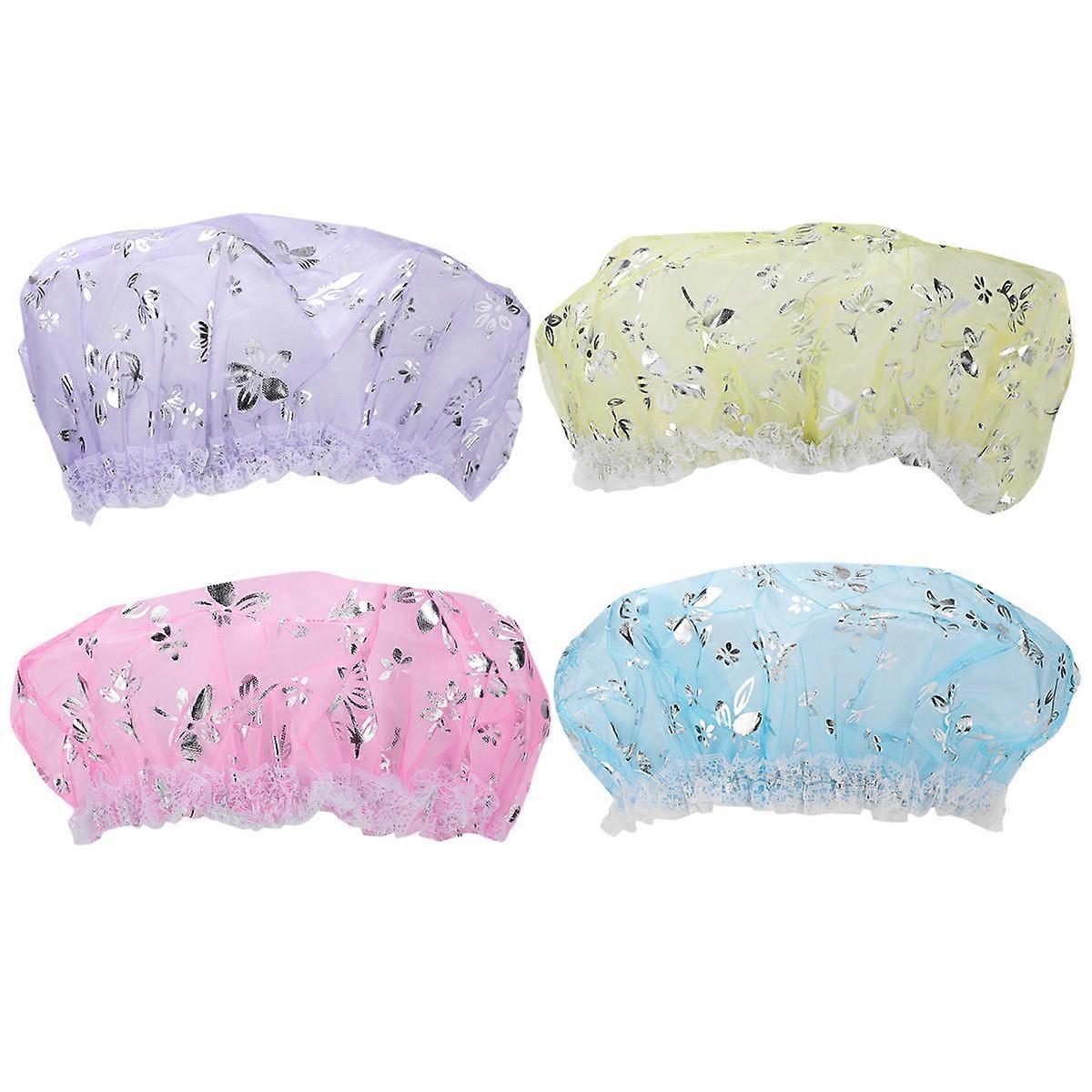 4Pcs Waterproof Bathing Printed Pattern Shower Caps for Bathroom Home