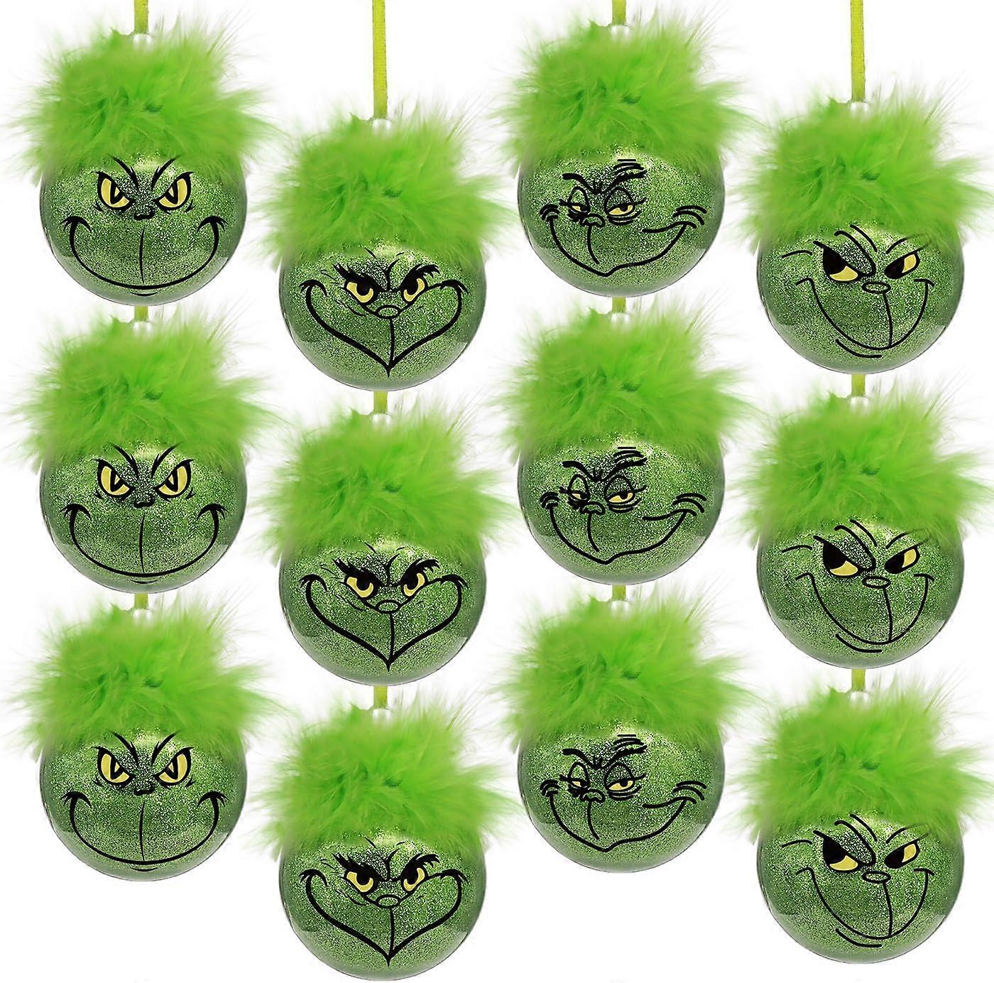 Christmas Decorations Indoor: 12pcs Cute Grinchmas Christmas Tree Ornaments with Fuzzy Green Hair, Glitter Hanging Grinchmas Xmas Balls for Tree Firep