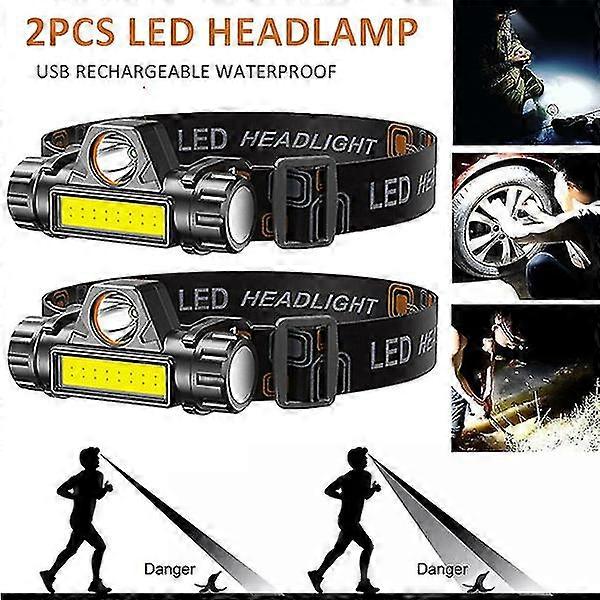 2pcs Usb Rechargeable Waterproof Led Headlamp Headlight Head Light Flashlight