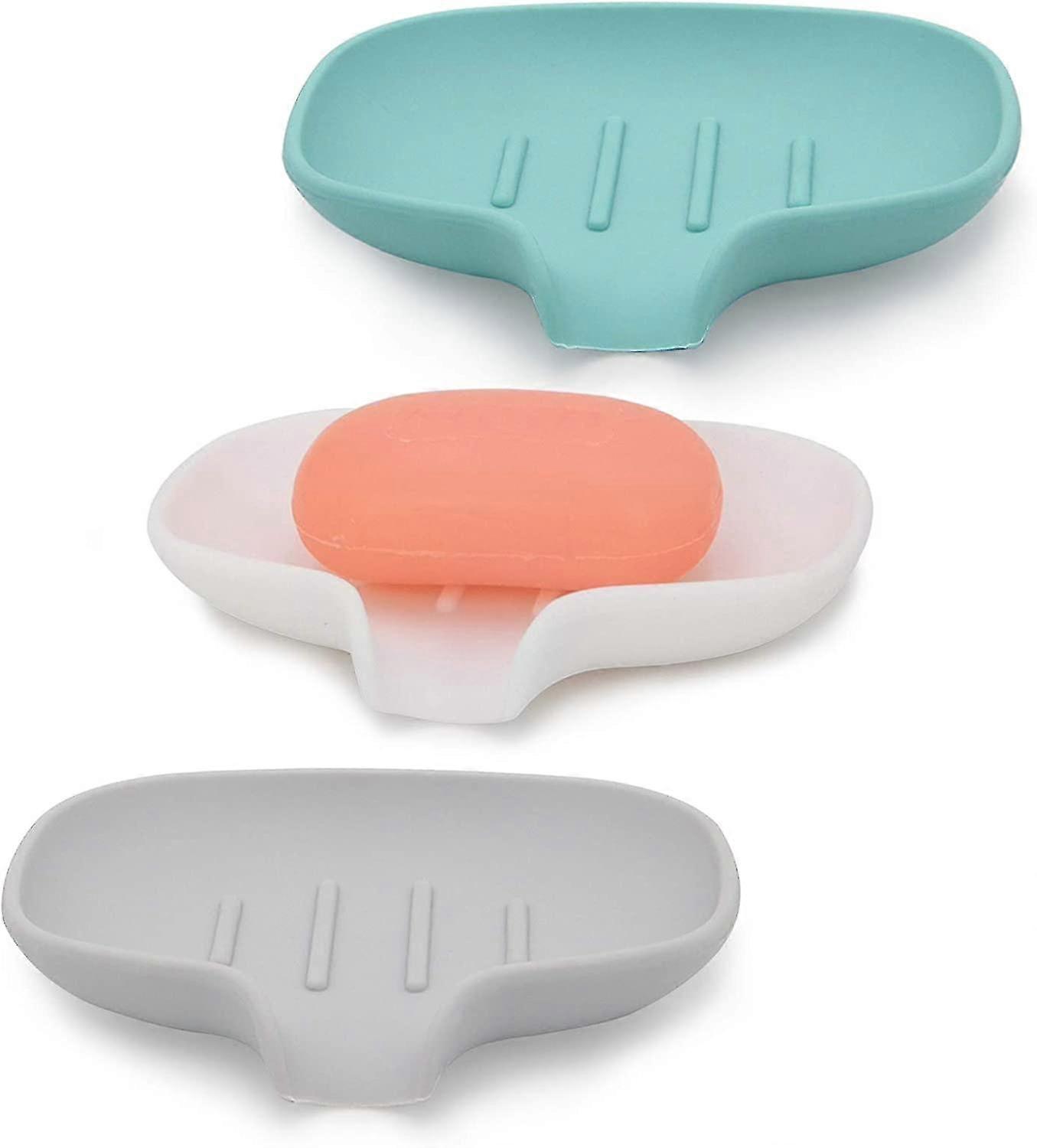 3 Silicone Soap Boxes with Drain, Bar Soap Holder for Shower/Bathroom, Automatic Waterfall Type Soap Tray/Saver for Kitchen, Keep Soap Dry and Easy to
