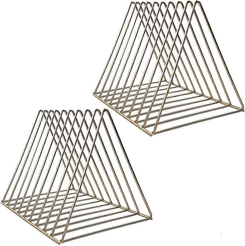 2 pack triangle desktop magazine file holder rack, sturdy 9 slot iron storage book sorter organizer bookshelf(gold)