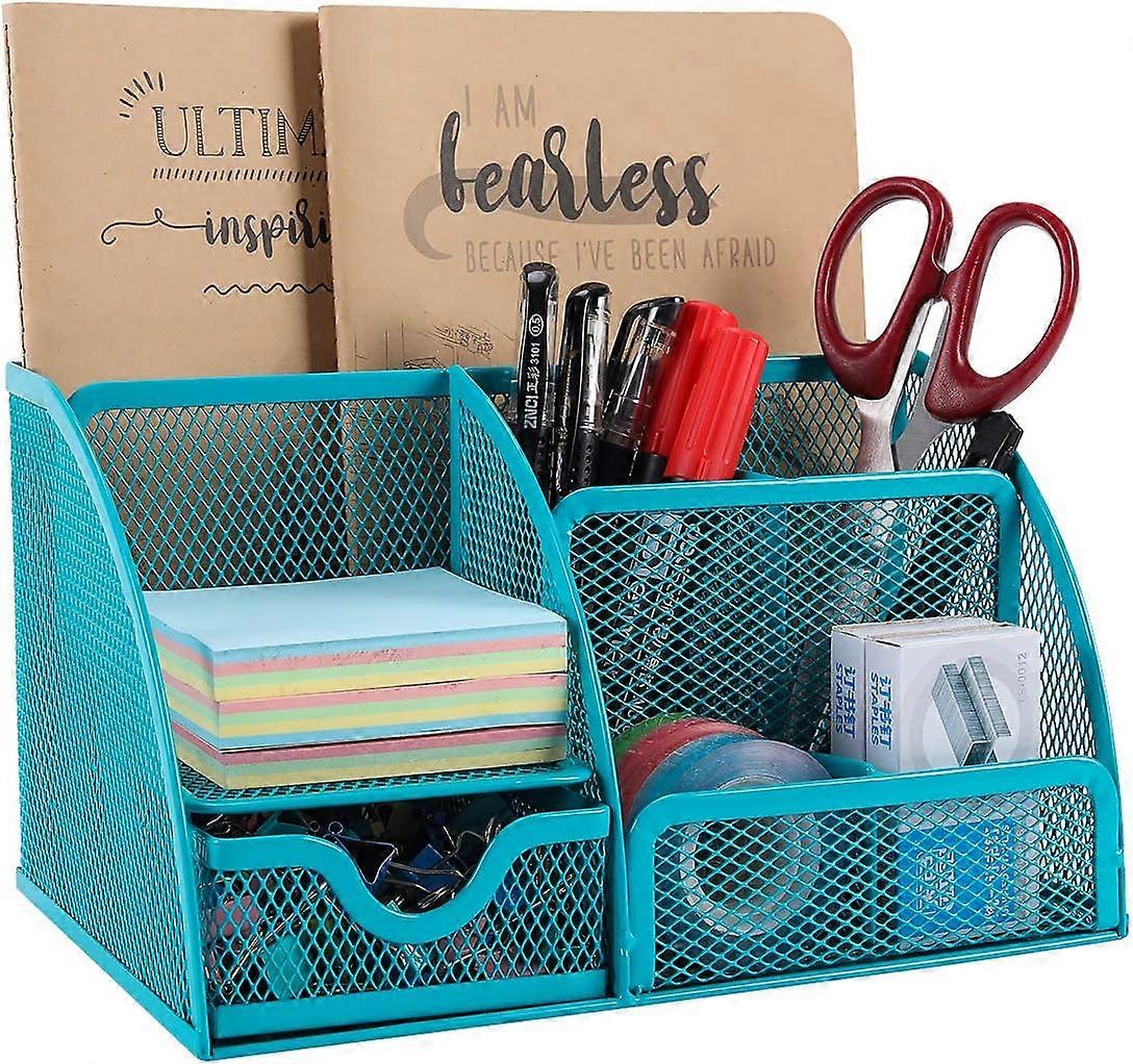 Office Mesh Desk Tidy Versatile Stationery Storage Desktop Organiser Pen Holder with Drawer,Turquoise