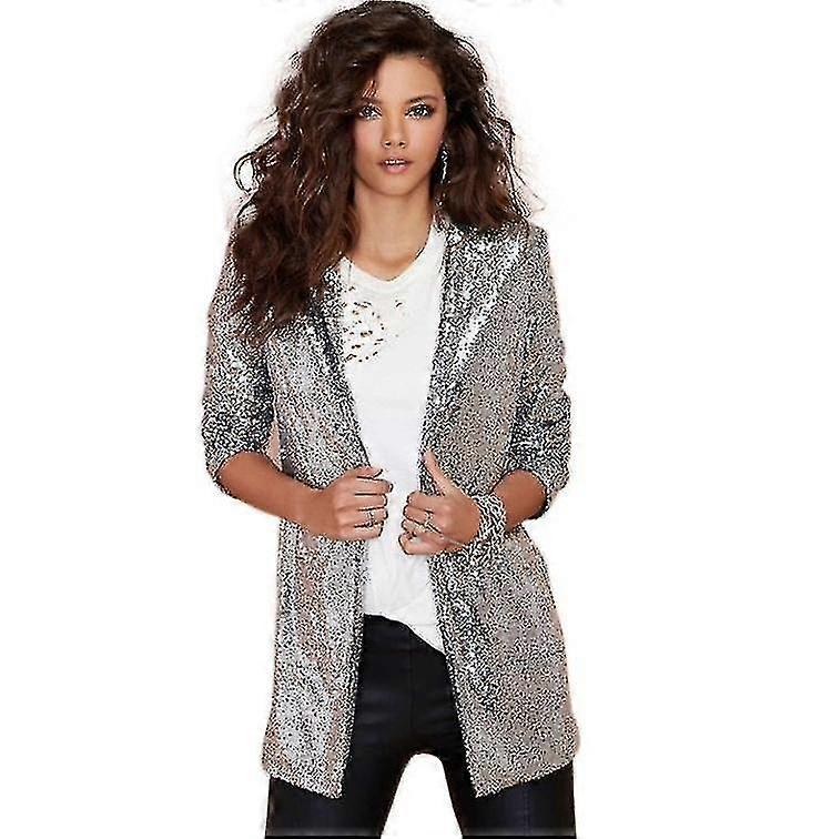 Women's Sequin Jacket Open Front Blazer Casual Long Sleeve Cardigan Coat